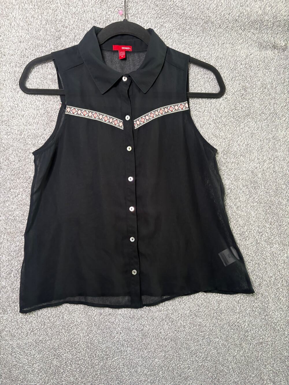 Bongo M Black Sheer Sleeveless Blouse Western Y2K Embroidered